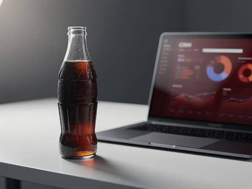 Gekoeld glazen flesje cola met condensdruppels naast een open laptop met CRM-dashboard op minimalistisch bureau.