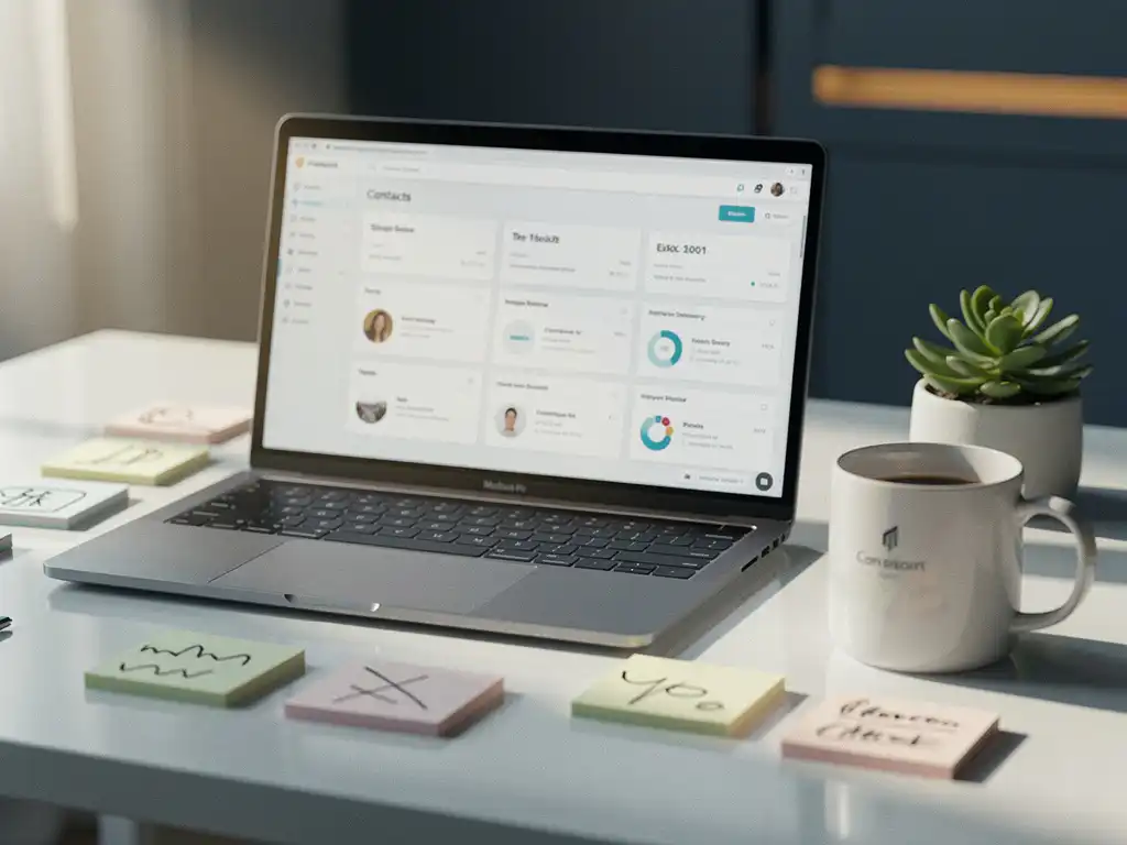 Laptop met contactbeheer-dashboard op wit bureau, omringd door kleurgecodeerde sticky notes, koffiemok en succulent.