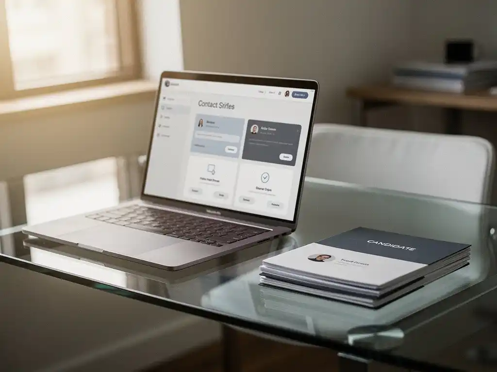Open laptop met contactendashboard op glazen bureau, naast een stapel kandidaatmappen in een minimalistisch kantoor.