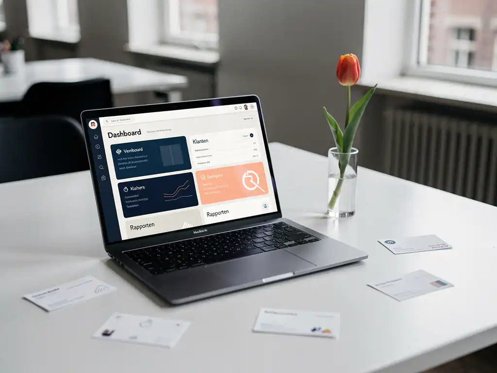 Laptop met CRM-dashboard op wit bureau, omringd door Nederlandse visitekaartjes en een tulp in glazen vaas, Amsterdams kantoor op de achtergrond.