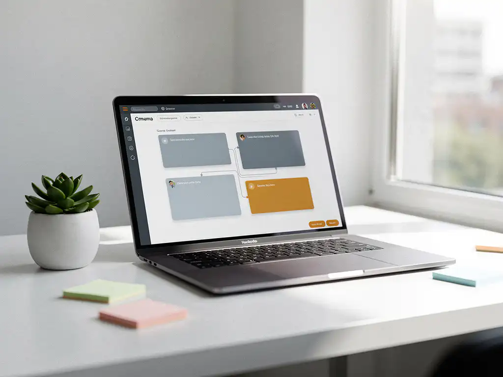 Laptop op minimalistisch wit bureau met CRM-dashboard, groene succulent en kleurrijke sticky notes in zacht natuurlijk licht.
