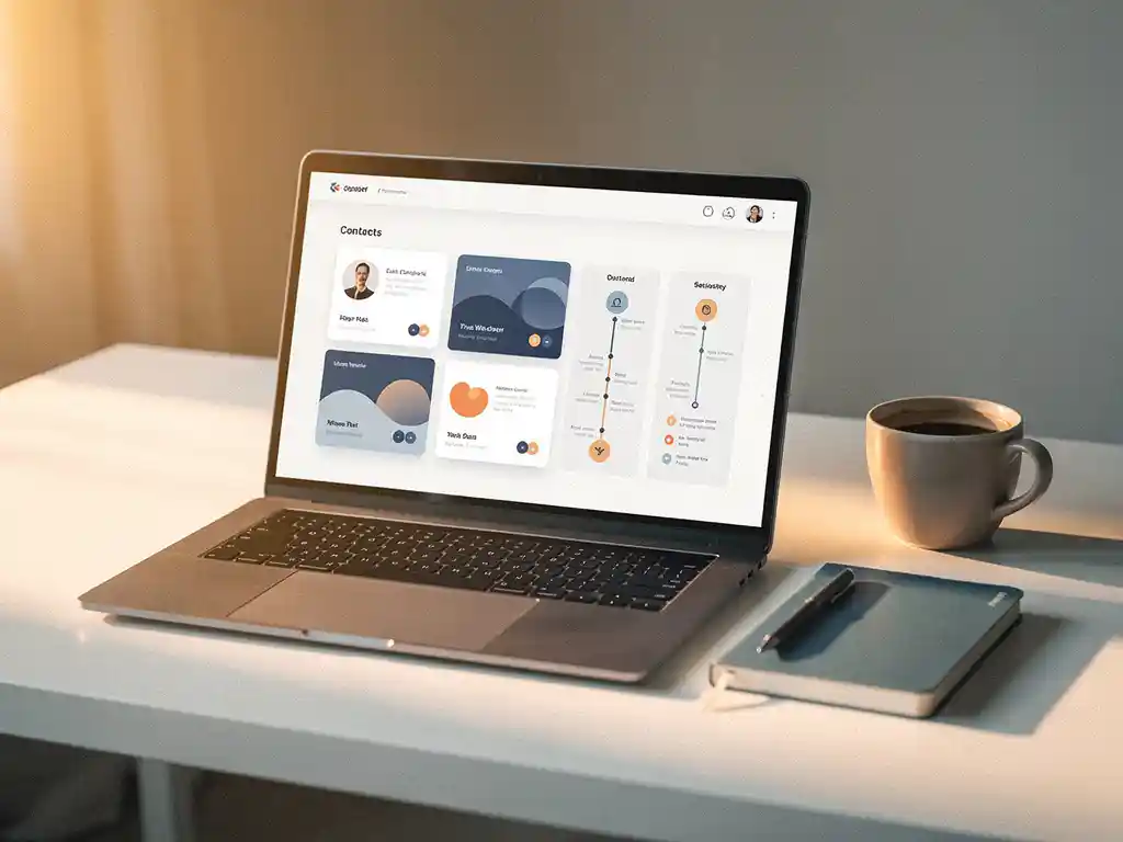 Open laptop met CRM-dashboard met contactkaarten en pipeline-kolommen op een modern wit bureau, naast notitieboekje en koffiekopje.