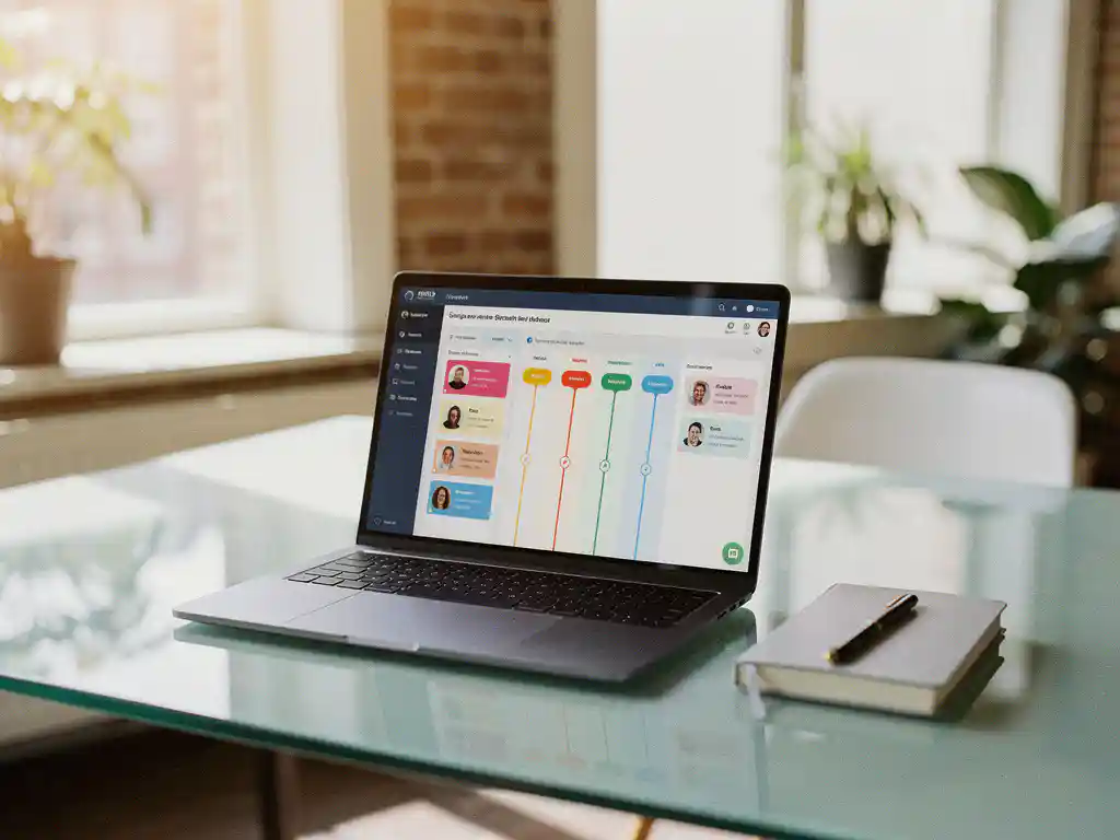 Open laptop op glazen bureau met CRM-dashboard met contactkaarten en pijplijnkolommen, notitieboekje ernaast, modern Amsterdams kantoor op de achtergrond.