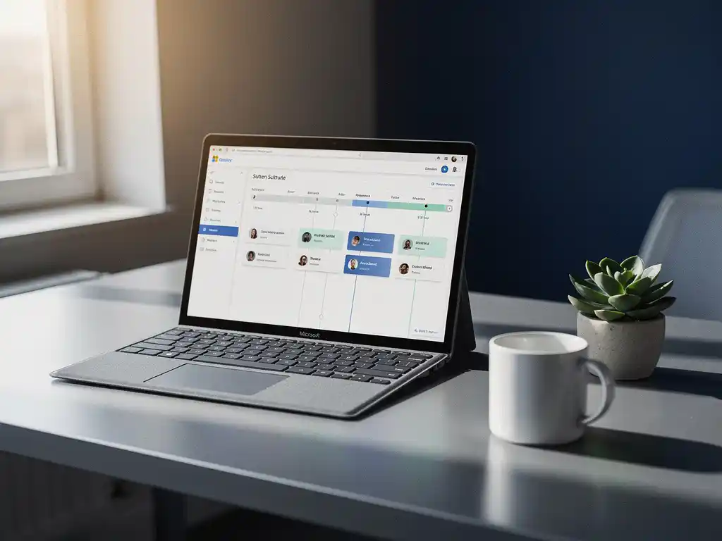 Microsoft Surface laptop op modern bureau toont CRM-dashboard met contactkaarten en pipelinekolommen, koffiemok en succulent ernaast.