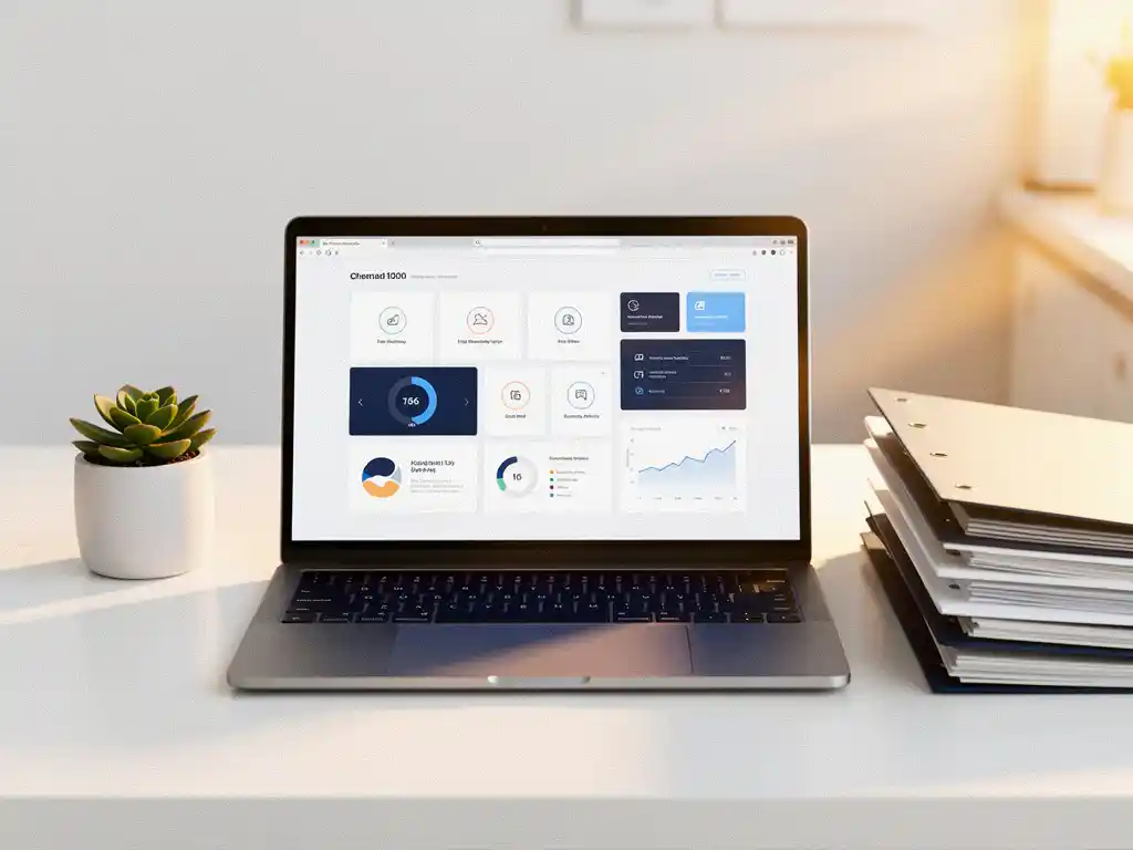 Open laptop met CRM-dashboard op minimalistisch wit bureau, omringd door clientmappen en een succulent in warm goudkleurig licht.