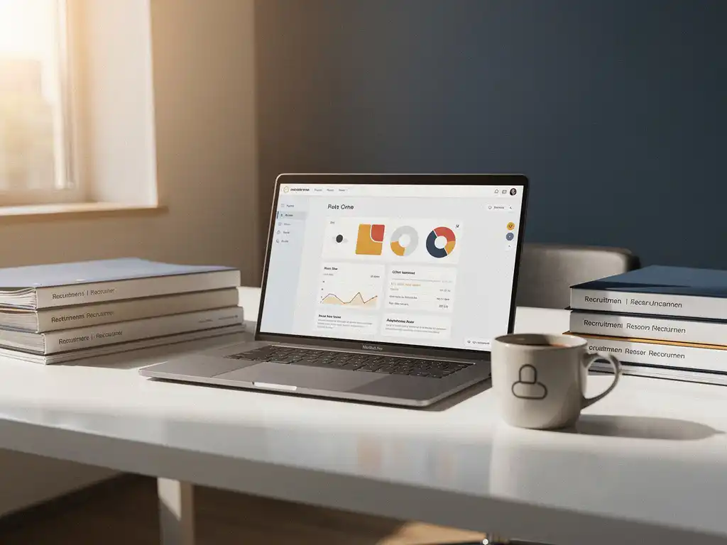 Open laptop met CRM-dashboard op wit bureau, omringd door recruitmentmappen en koffiekop in modern kantoor met warm natuurlijk licht.