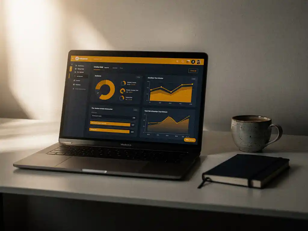 CRM-dashboard op laptopscherm op modern bureau met notitieboek en koffiekop, warme kantooratmosfeer.
