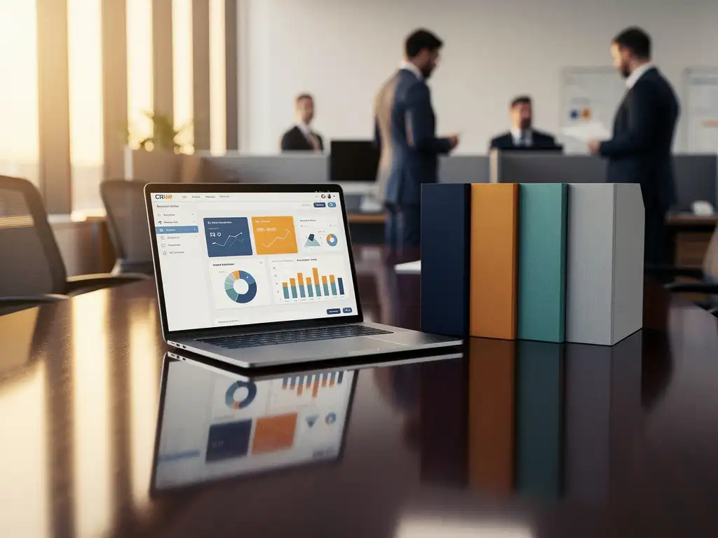 CRM-dashboard op laptop weerspiegeld in vergadertafel, vier kleurgecodeerde mappen in boog, recruitmentbureau op achtergrond.