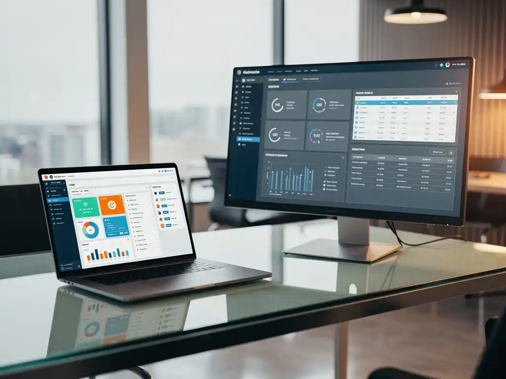 CRM-dashboard op laptop naast ERP-interface op tweede monitor, op glazen bureau in modern IT-kantoor met zakelijke uitstraling.