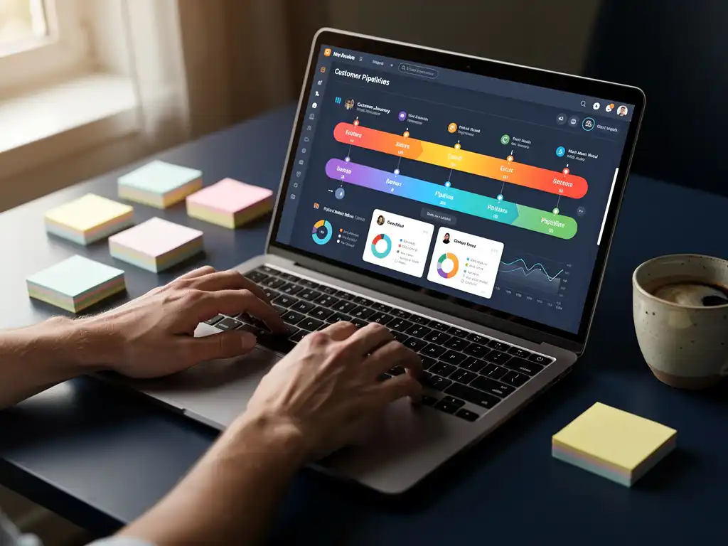 Marketeer beheert klantreispielines op laptop-dashboard, omringd door sticky notes en koffie op modern bureau.
