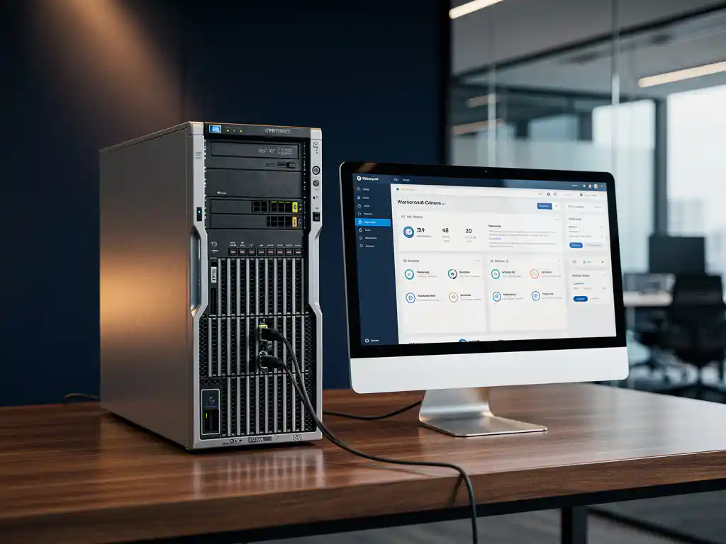 Enterprise servertoren en CRM-dashboard terminal verbonden door kabel op bureauoppervlak in modern IT-kantoor.