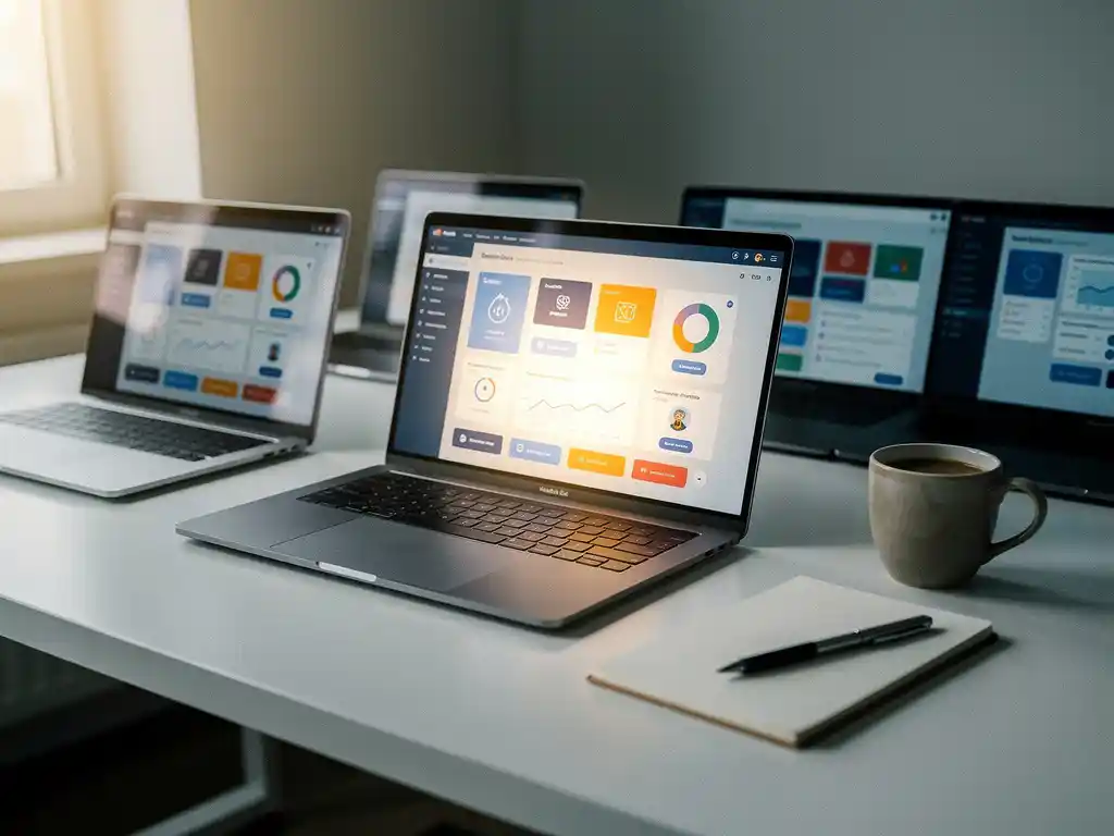 Rij laptops met CRM-software-interfaces op minimalistisch wit bureau, centrale laptop uitgelicht als winnaar, koffiekopje en notitieblok erbij.