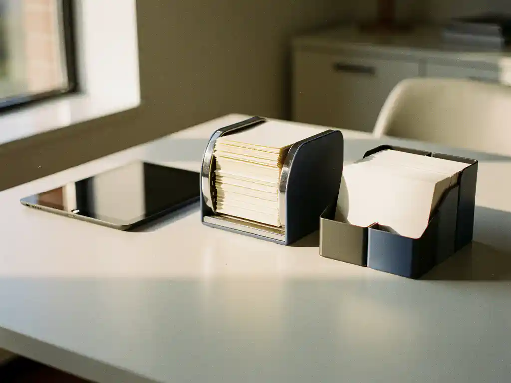 Tablet, Rolodex en kaartenbak op modern bureau als symbool voor verschillende CRM-systemen en klantbeheer.