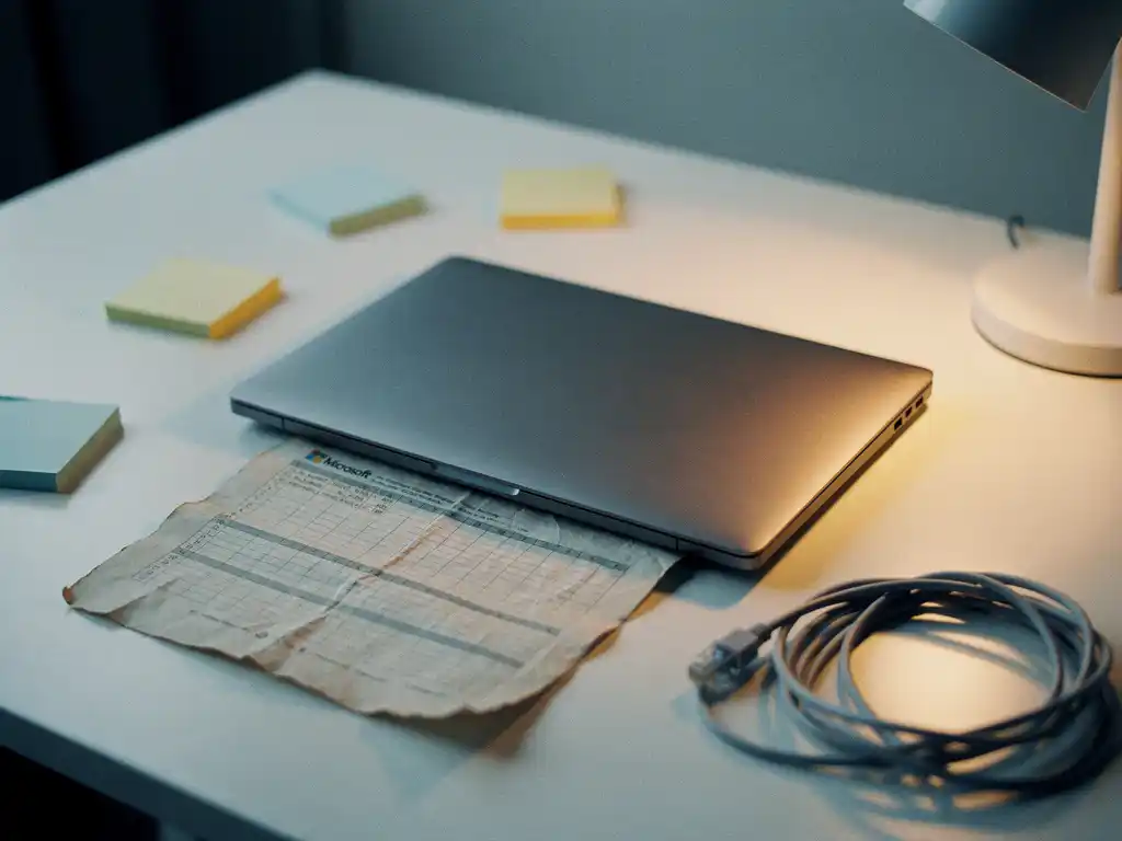 Verouderde Excel-spreadsheet onder moderne laptop op wit bureau, omgeven door sticky notes en een verwarde ethernetkabel.