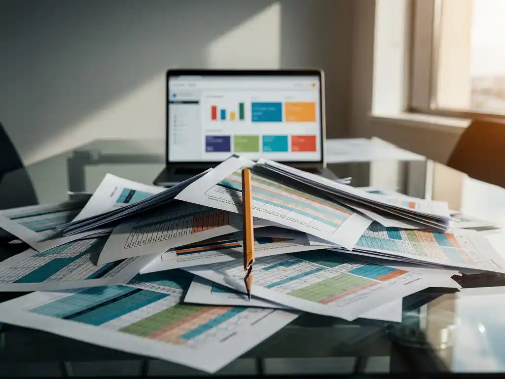Kleurgecodeerde Excel-spreadsheets op glazen bureau met gebroken potlood, CRM-dashboard zichtbaar op laptop op achtergrond.