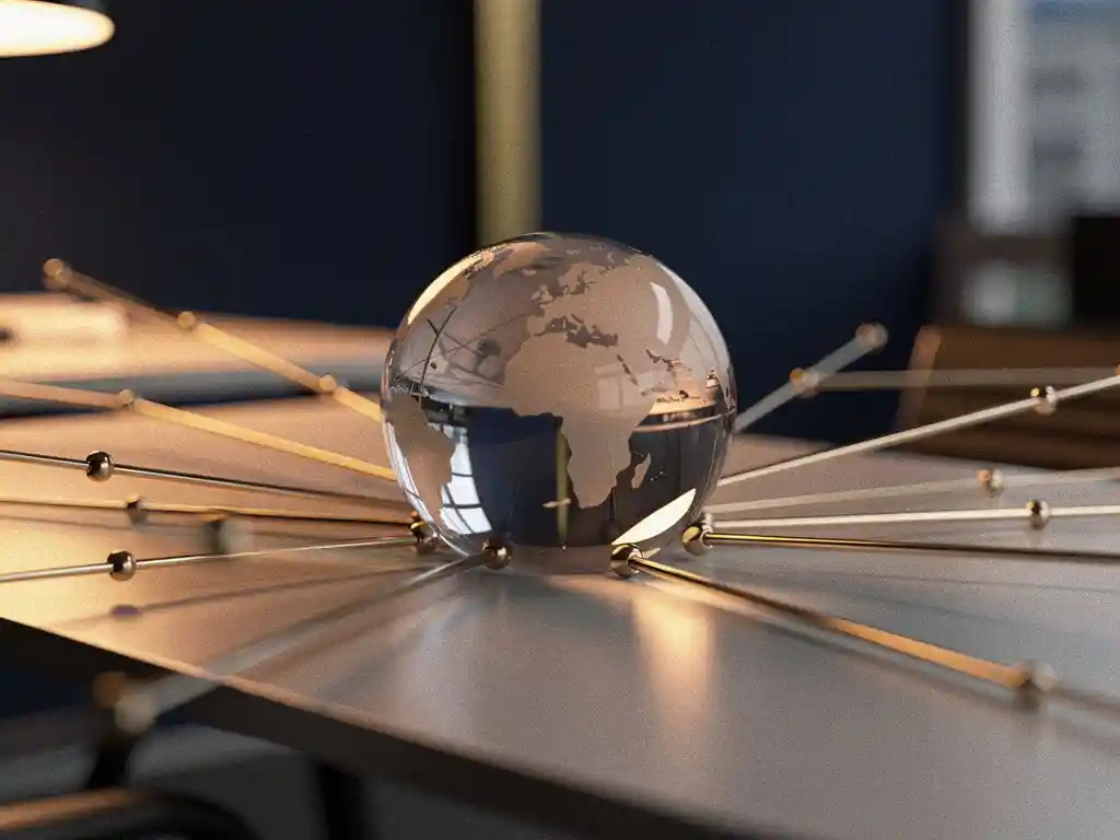 Glazen bol op minimalistisch bureau met uitstralende metalen lijnen als netwerkkaart, warm amberkleurig licht, marineblauw en goud.