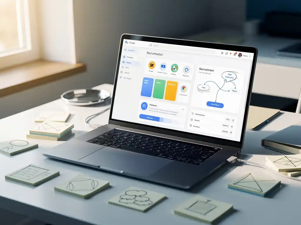 Laptop met Google Workspace-interface op modern bureau, omringd door sticky notes met recruitment pipeline schetsen in wit en blauw kantoorlicht.