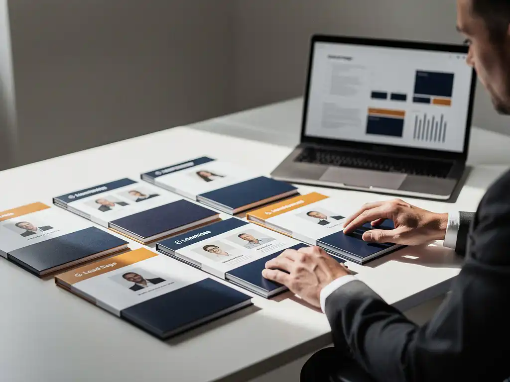 Recruitmentconsultant beoordeelt kleurgecodeerde kandidatenmappen op modern bureau met open laptop met dashboarddata.