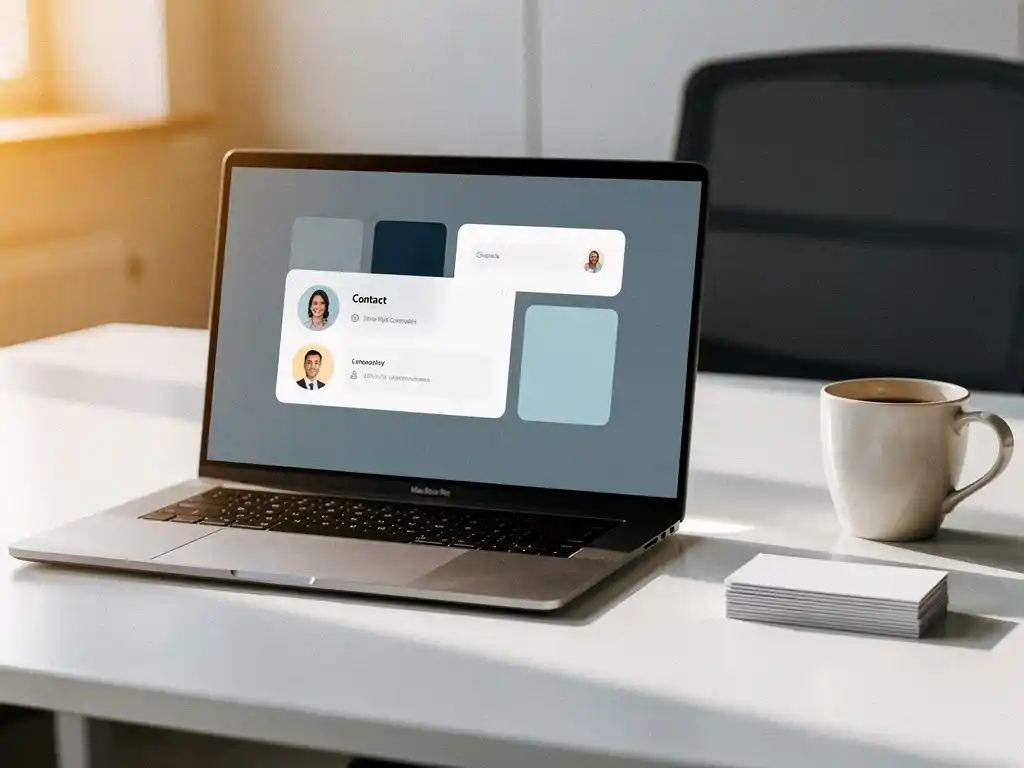 Laptop met contactbeheer dashboard op wit bureau, naast visitekaartjes en koffiekop, in modern recruitmentkantoor.