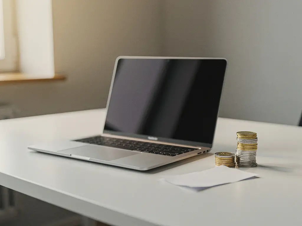 Zilveren laptop op wit bureau met een stapel euromunten en gevouwen bon naast het toetsenbord.