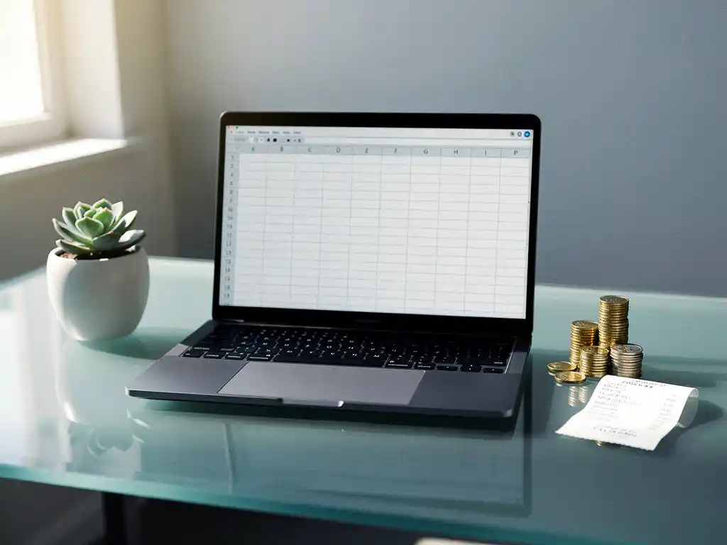 Open laptop met spreadsheet op glazen bureau, naast euromunten, een bon en een vetplant in zacht natuurlijk licht.