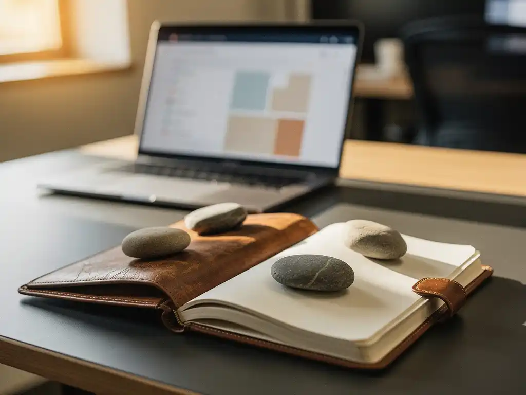 Versleten leren notitieboek met vier rivierkeien op een modern bureau, CRM-dashboard zichtbaar op laptop op de achtergrond.