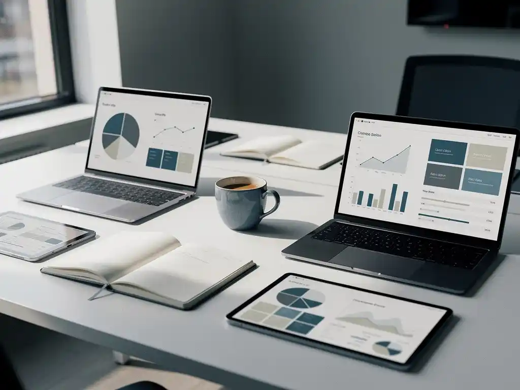 Laptops, tablets en notitieboeken op een minimalistisch wit bureau met abstracte dashboards, koffiekopje, in zacht natuurlijk licht.