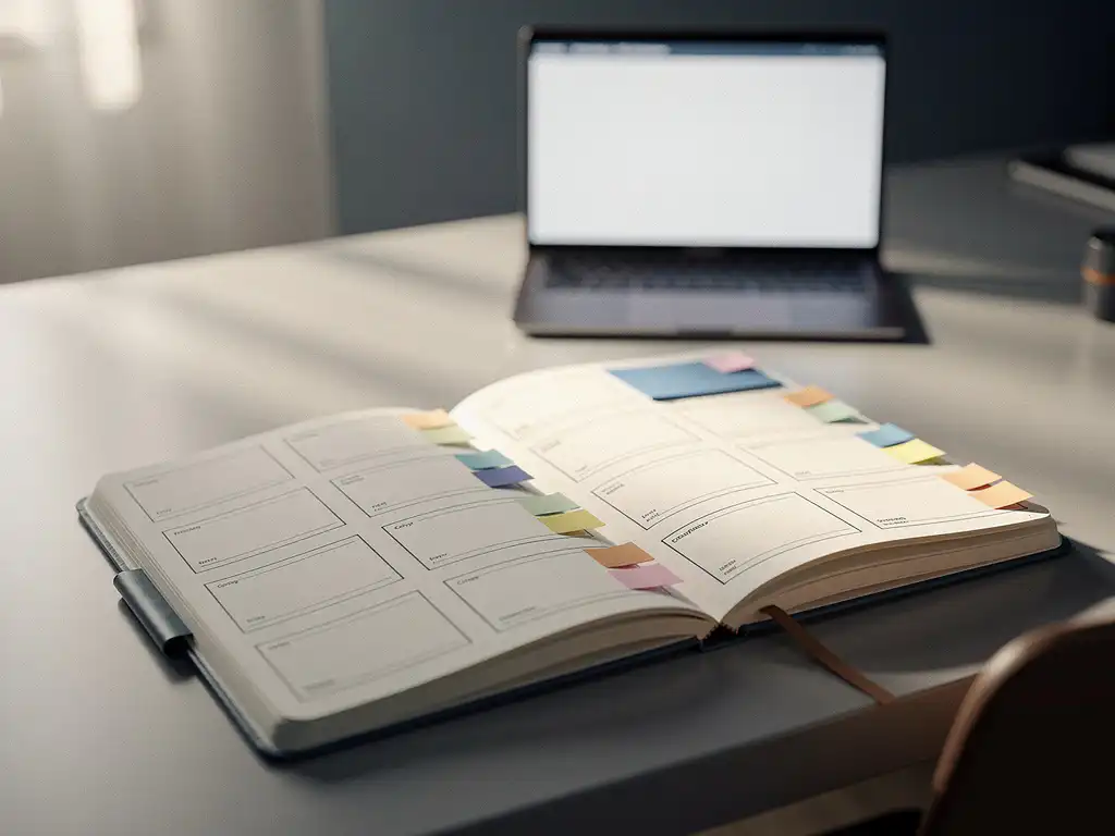 Opengeslagen notitieboek met contactkaarten en gekleurde tabbladen op modern bureau, laptop op achtergrond, warm kantoorlicht.