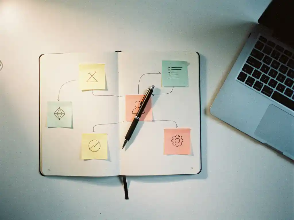 Open notitieboek met pen op minimalistisch wit bureau naast laptop, sticky notes met verbindingslijnen in warm natuurlijk licht.
