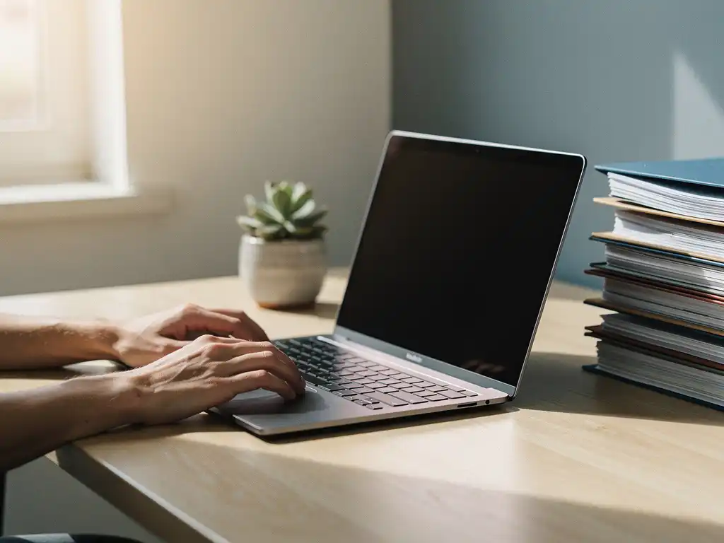 Handen van een kleine ondernemer naast een open laptop op een eikenhouten bureau, met clientmappen en een vetplant in zacht natuurlijk licht.