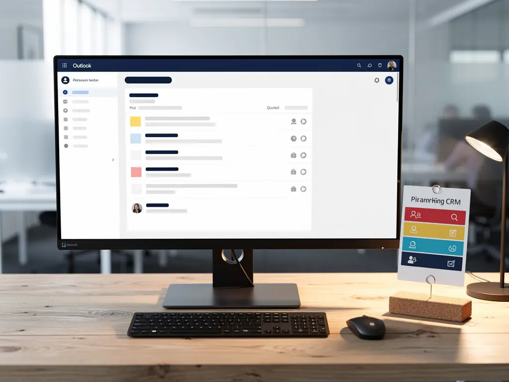 Microsoft Outlook-inbox op een ultrabreed monitor naast een geprinte CRM-contactkaart, op een modern bureau in een IT-kantoor.