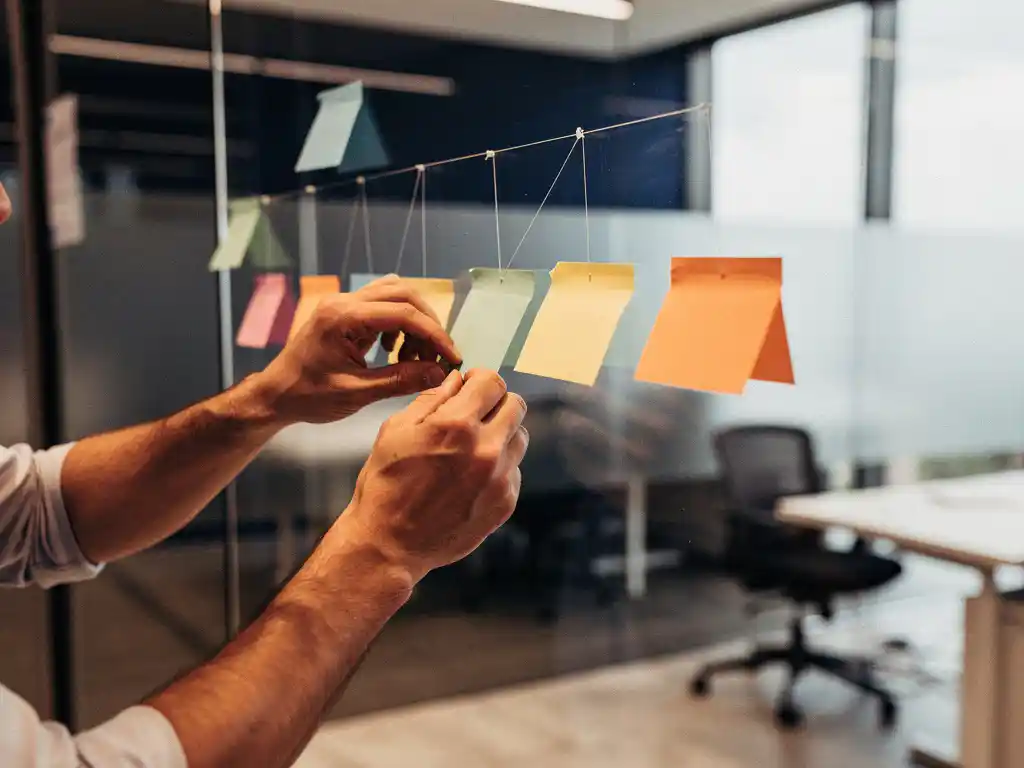 Projectmanager ordent gekleurde sticky notes verbonden met touw op glazen kantoorwand, als visuele routekaart.