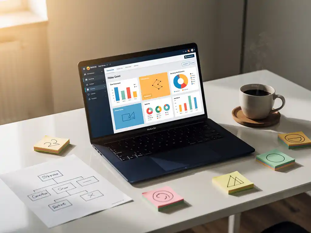 Recruiter bureau met laptop waarop een CRM-dashboard zichtbaar is, omringd door sticky notes, koffie en een organigram, warm zijlicht.