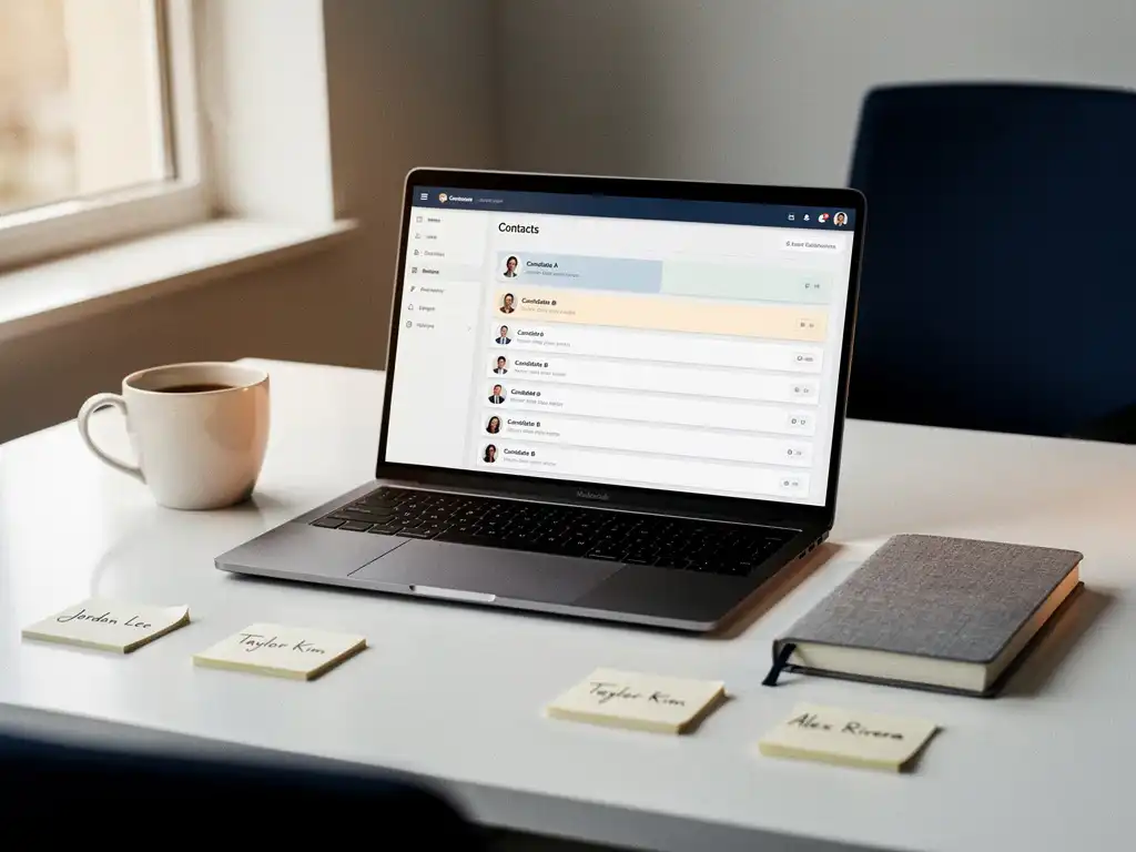 Recruiter bureau met open laptop waarop een contactdashboard zichtbaar is, notitieboekje, koffiekop en plaknotities in een minimalistisch kantoor.