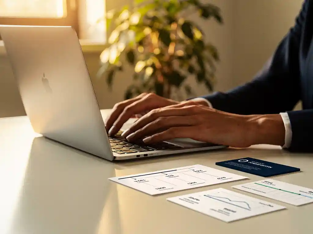 Recruiter handen op modern bureau naast laptop, contactkaart en tijdlijn van klantinteracties, warm middaglicht.