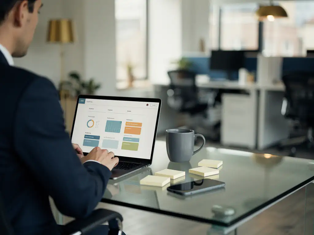 Recruitmentconsultant bekijkt CRM-dashboard op laptop aan glazen bureau met sticky notes, koffiemok en smartphone in modern kantoor.