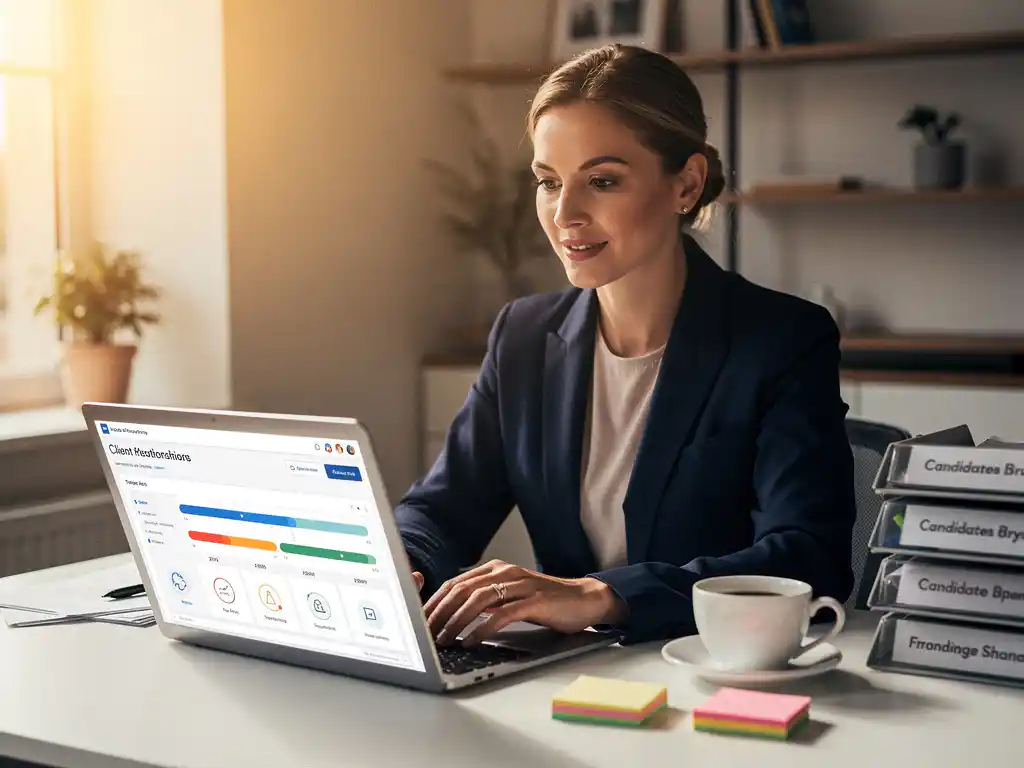 Recruitmentconsultant bekijkt een klantrelatie-tijdlijn op laptop, omringd door sticky notes en kandidatenmappen op een modern bureau.