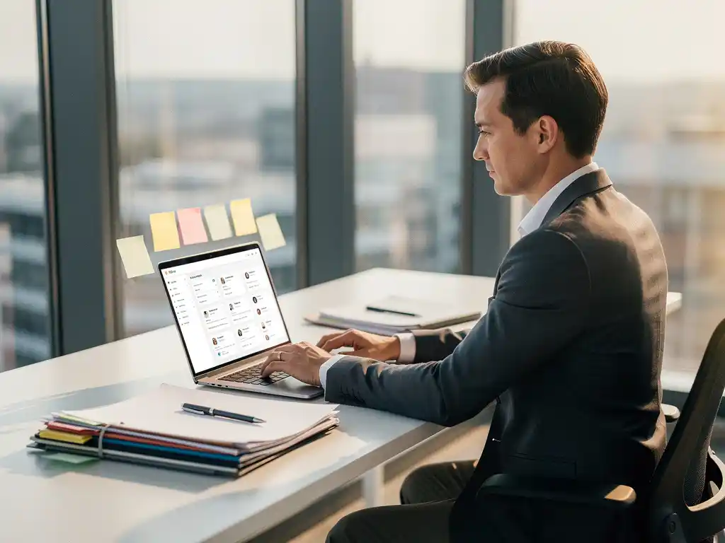 Recruitmentconsultant bekijkt digitaal dashboard op laptop aan opgeruimd modern bureau met kandidatenmappen en sticky notes.