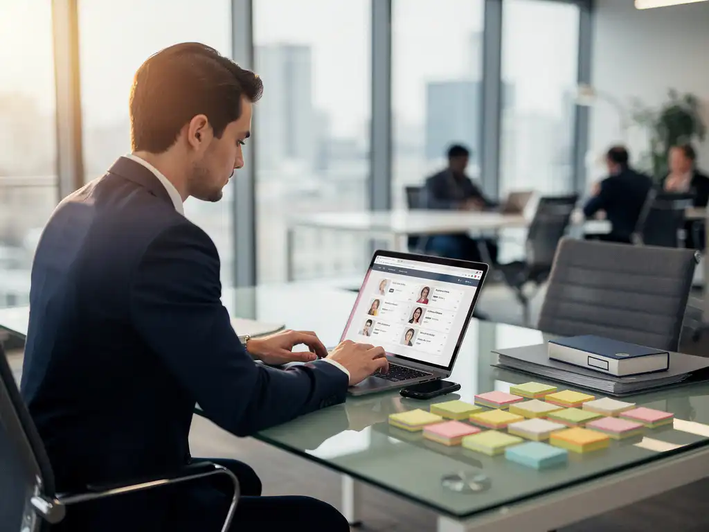 Recruitmentconsultant bekijkt kandidaatprofielen op laptop aan glazen bureau, met gestructureerde pipeline van sticky notes in modern IT-kantoor.