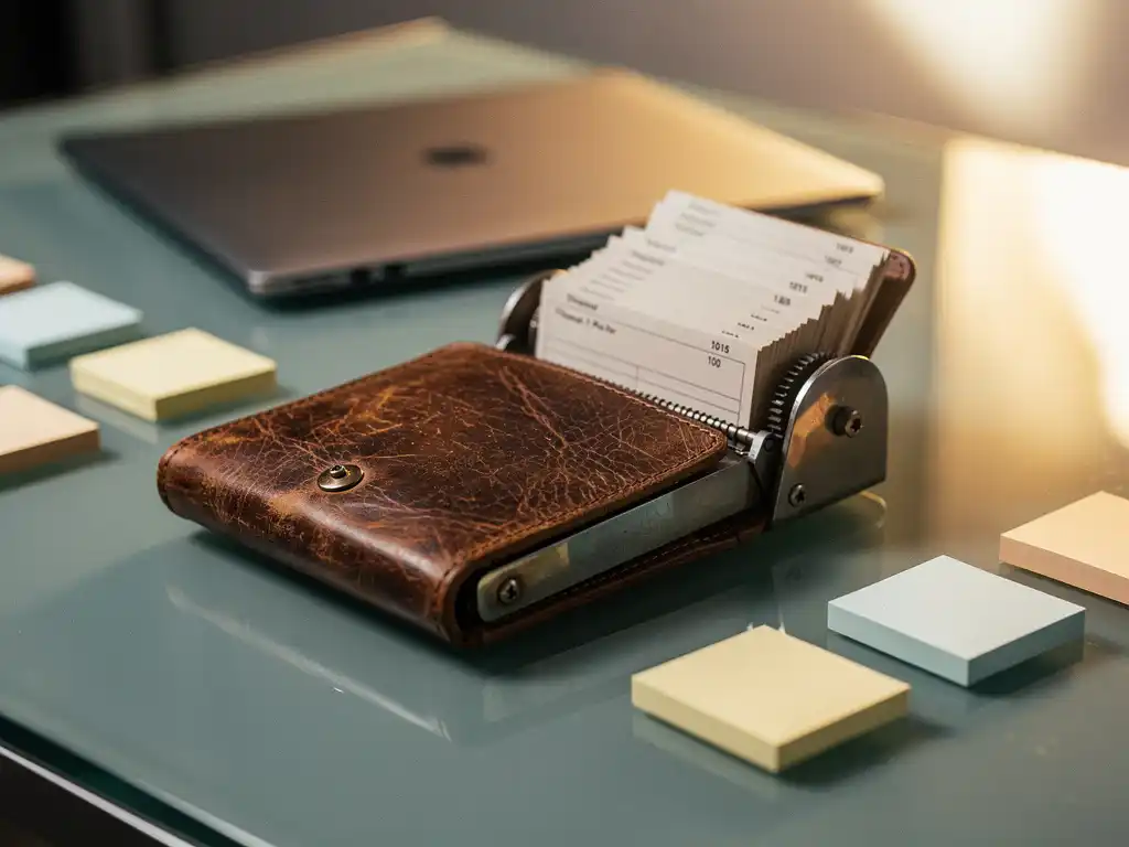 Verouderde leren rolodex open op glazen bureau, omringd door sticky notes en laptop op de achtergrond, warm zijlicht.