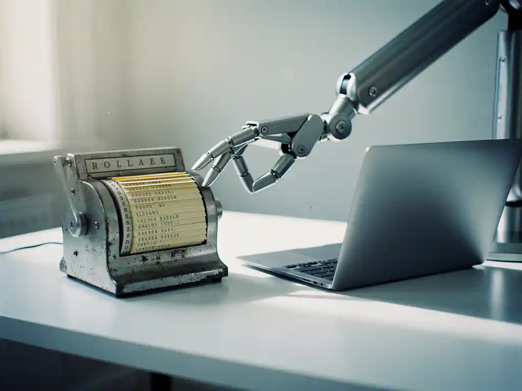 Robotarm reikt naar een vintage Rolodex naast een moderne laptop op een minimalistisch bureau, symbool voor AI-automatisering.