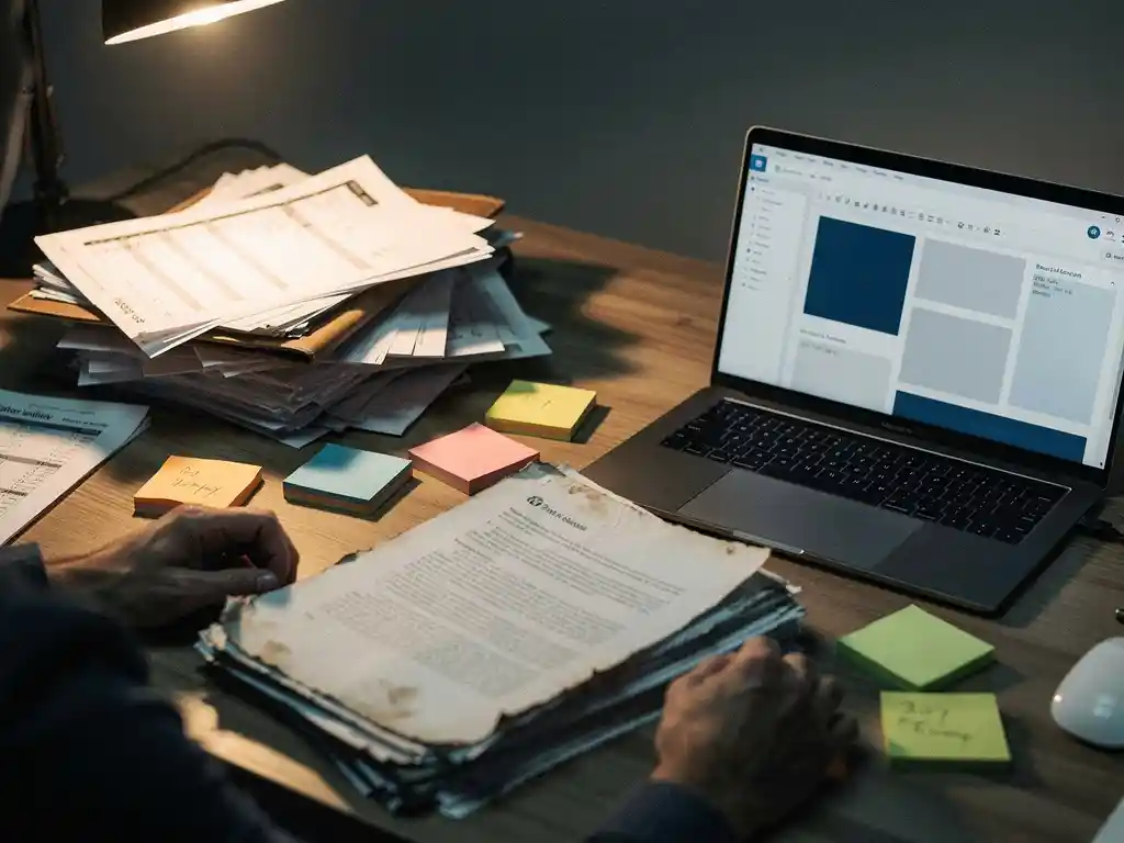 Verouderd Word-document op rommelig bureau met plakbriefjes en clientmappen, naast moderne laptop met CRM-software, warm kantoorlicht.