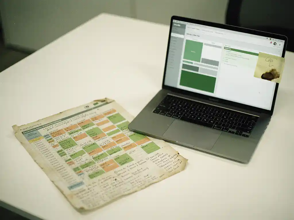 Verouderde spreadsheetprintout met handgeschreven klantnotities naast een modern CRM-dashboard op laptop, zakelijk bureau.
