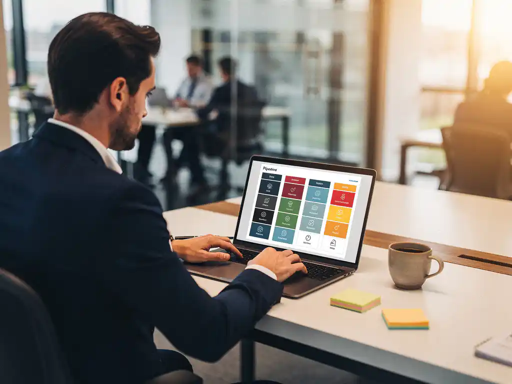 Recruitmentconsultant bekijkt klantpipeline op laptop, met sticky notes en koffie op bureau in modern kantoor met glazen wanden.