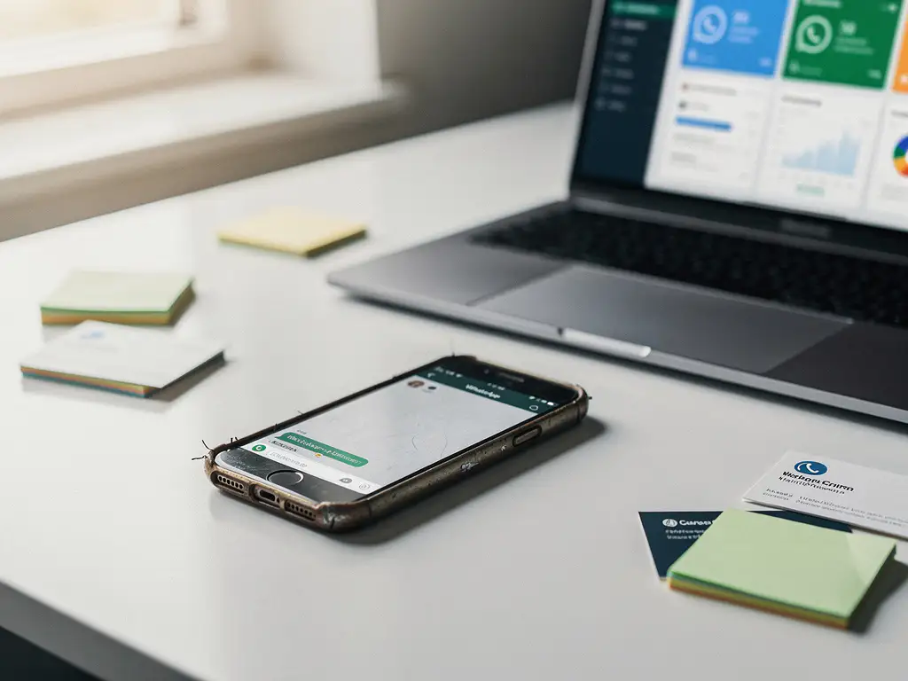 Smartphone met WhatsApp naast een CRM-dashboard op laptop, omringd door sticky notes en visitekaartjes op een wit bureau.