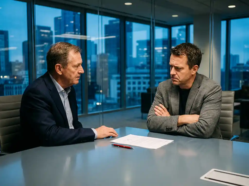 Ervaren consultant en sceptische CTO aan vergadertafel met ondertekend contract en rode pen, glazen kantoor met stadsgezicht op de achtergrond.