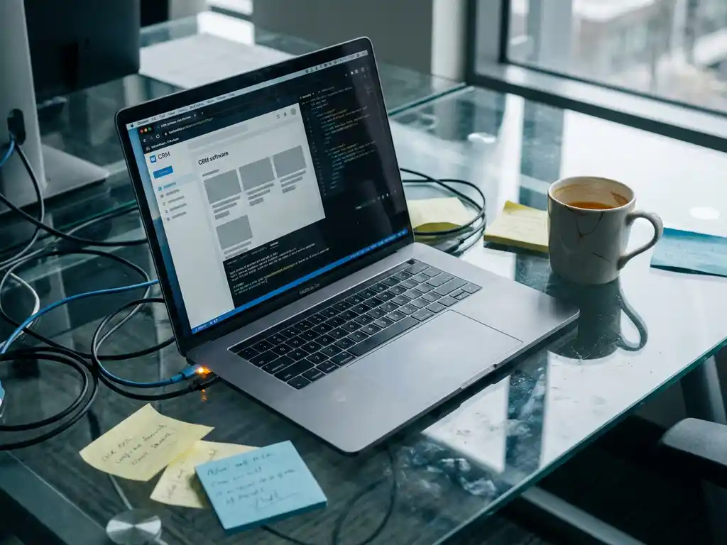 Halfgebouwd CRM-dashboard op laptop, omringd door plakbriefjes en kabels op glazen bureau, gebarsten koffiemok op de voorgrond.