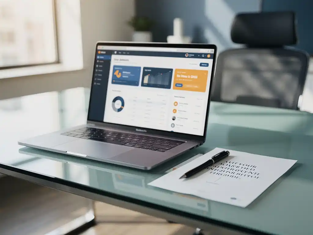 CRM-dashboard op laptopscherm op glazen bureau, naast een geprinte offerte met pen, modern kantoor in blauw en wit.