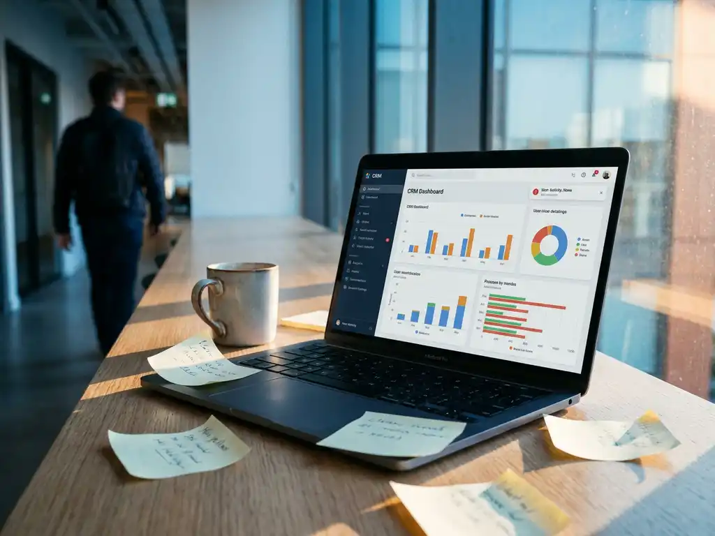 Open laptop met CRM-dashboard op modern bureau, omringd door koffiekop en sticky notes, medewerker loopt weg op de achtergrond.