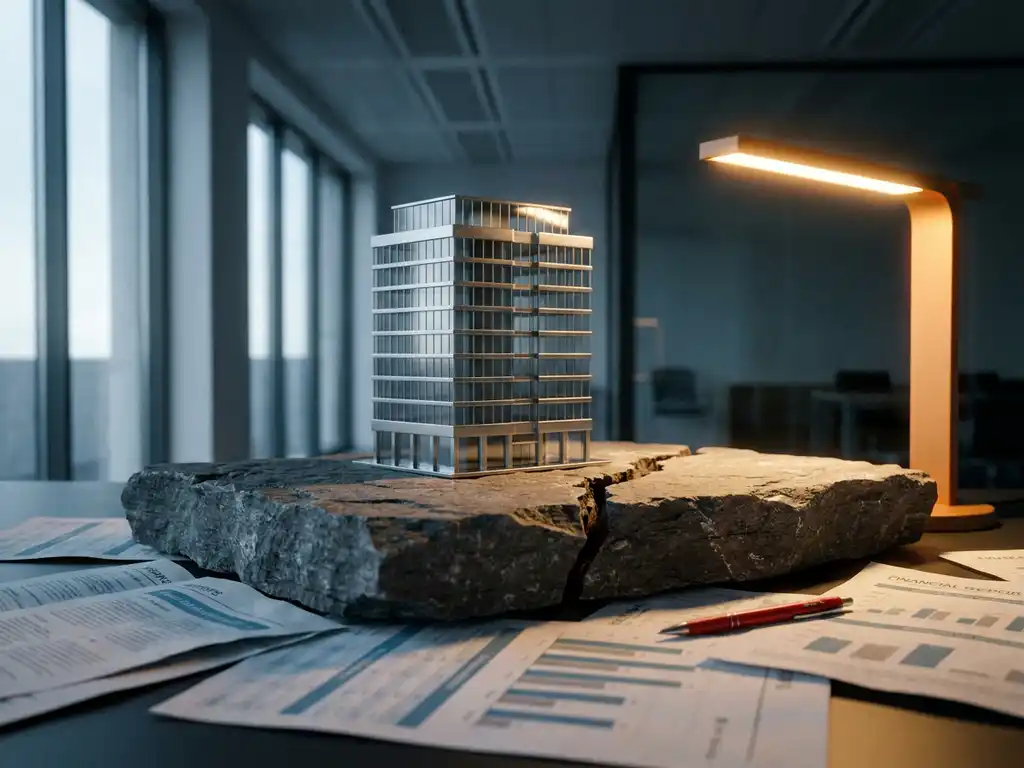 Gebarsten funderingssteen onder glazen kantoorgebouwmodel met financiële documenten en rode pen, symboliseert structurele bedrijfsrisico's.